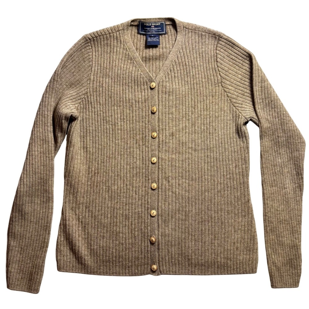 Polo Sport Cardigan Women Large Tan Brown Wool Yak Hair Ribbed V-Neck Button Up